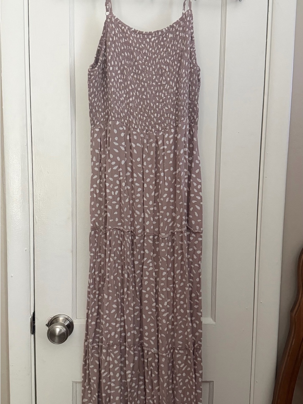 Mauve Printed Dotted Smocked Tiered Maxi Dress